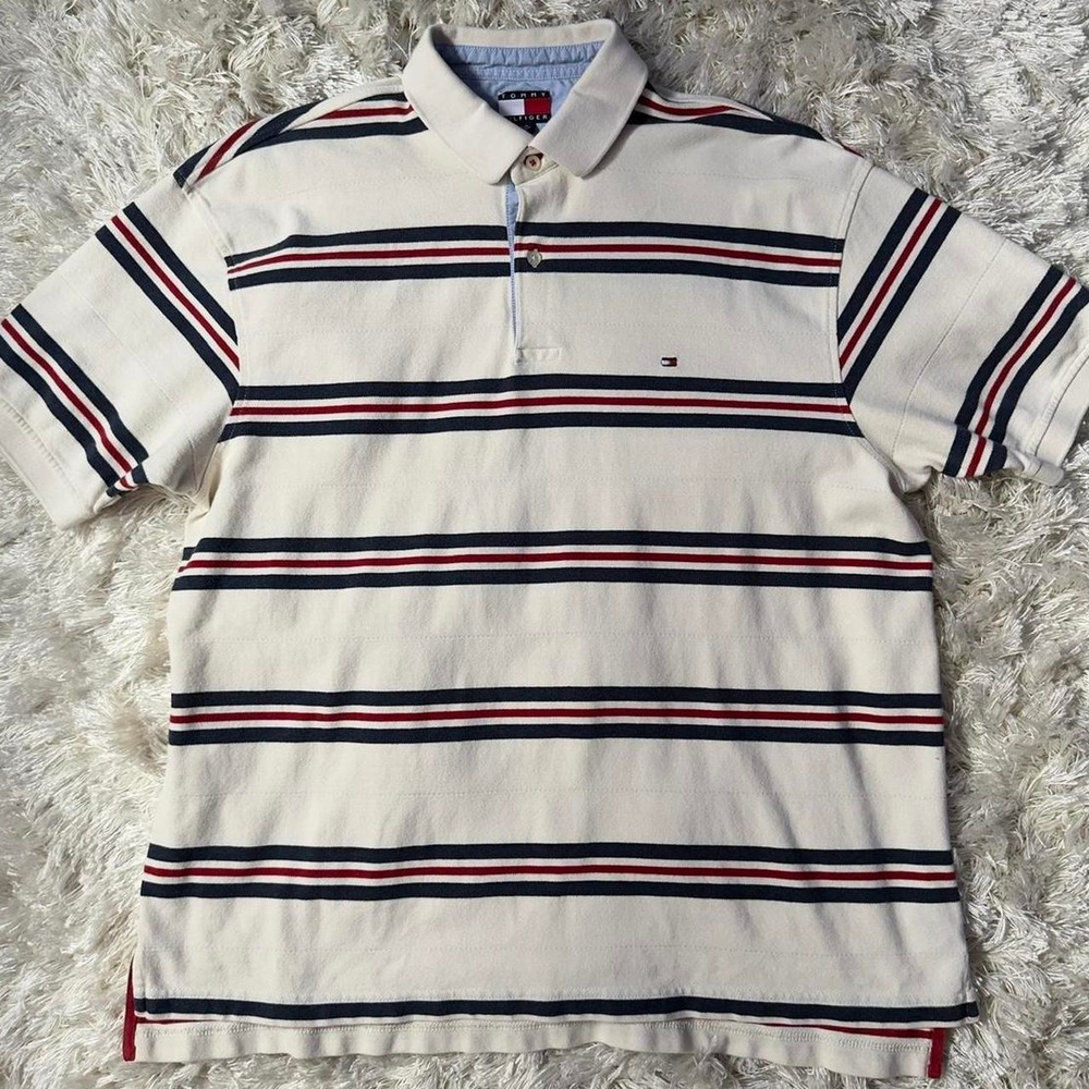 Vintage Tommy Hilfiger 2004 Striped Cotton Polo Shirt Navy Red Cream Preppy L
